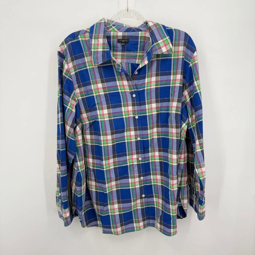 Talbots Woman 2X Blue Plaid Button Down Long Sleeve Cotton Shirt‎ Top
